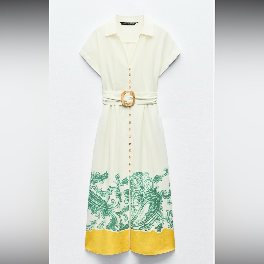 Zara Womens Grecian Shirt Dress Size XS White Green Belted Midi Linen 8253/497